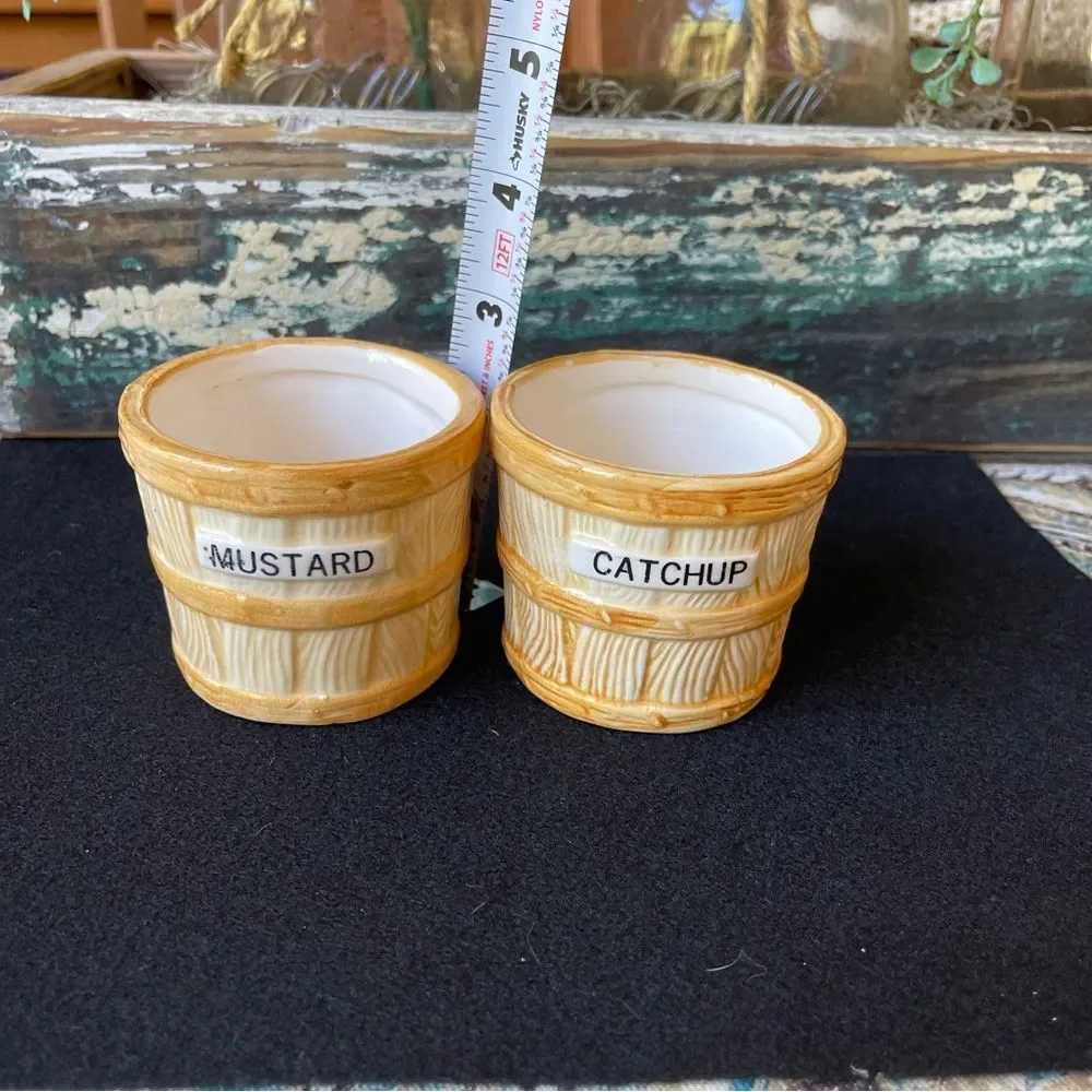 Monte Verde mustard ketchup bucket condiment jars hand painted 1982 Vintage